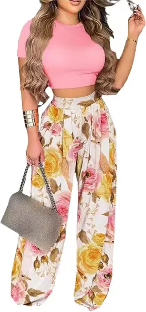 2 Piece Outfits for Women Short Sleeve Crop Top High Waist Wide Leg Long Pant Sets Tracksuit Sport Set
