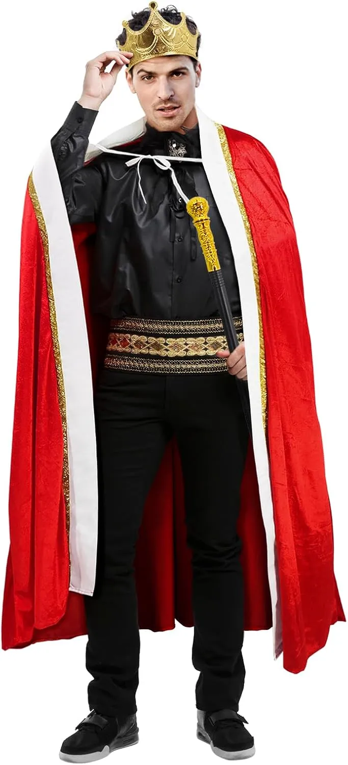 3 Pieces Halloween King Prince or Queen Robe Red Cloak Cape Crown Wand Costume Set with King Crown Headband