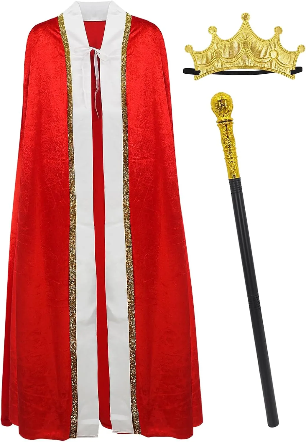 3 Pieces Halloween King Prince or Queen Robe Red Cloak Cape Crown Wand Costume Set with King Crown Headband