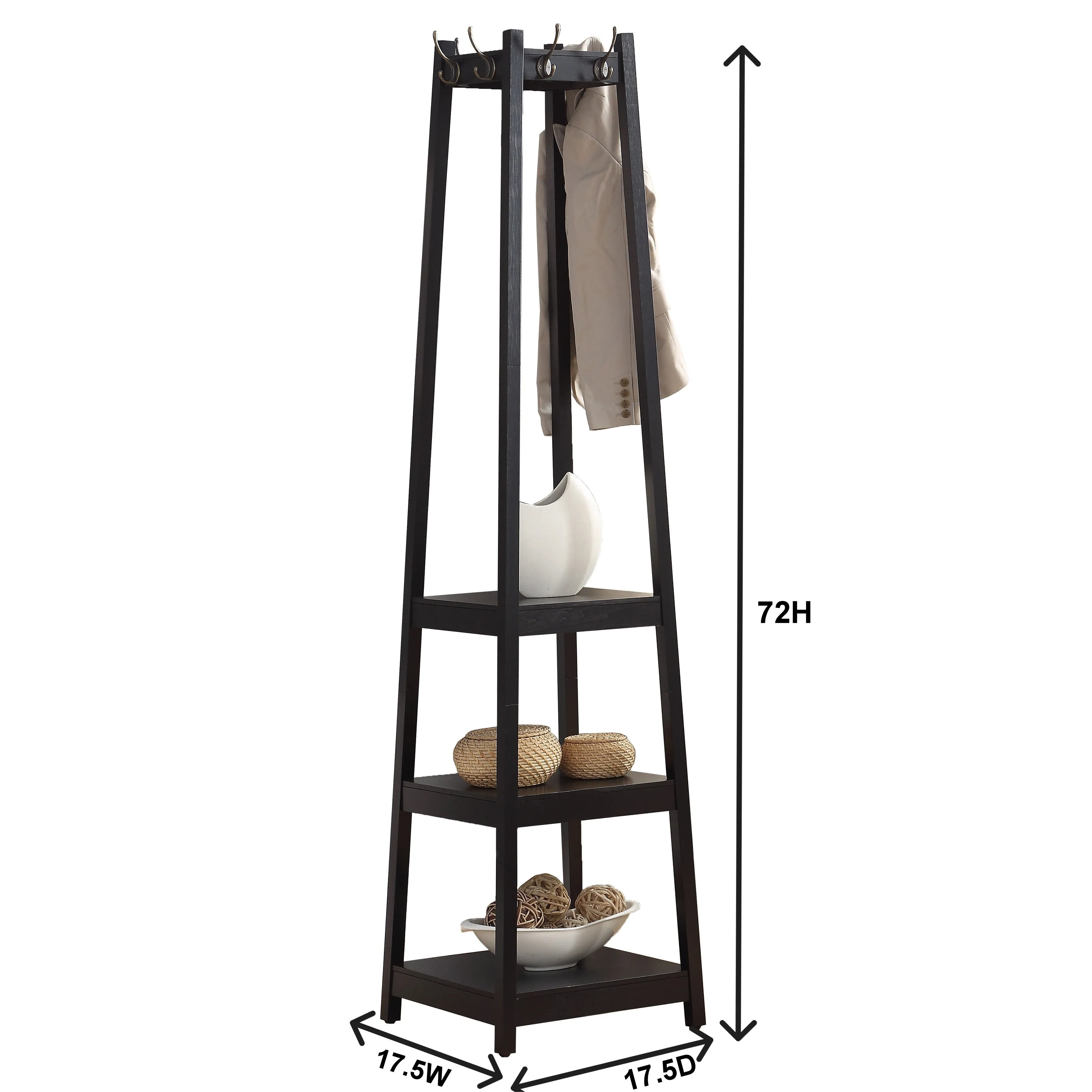 3-Tier White Coat Rack with Shelves, 17.5'' x 17.5'' x 72''H