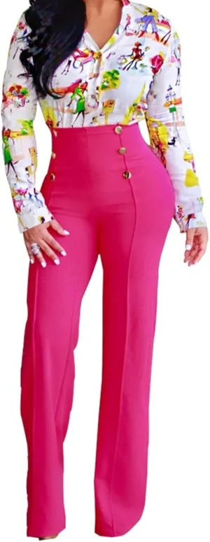 A ADILACA Women's 6-Button Trousers, Casual Work Office Basic Flare Dress Pants, High Waist Straight-Leg Long Pants