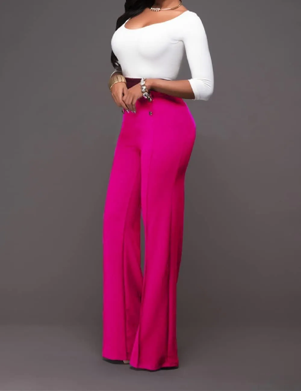 A ADILACA Women's 6-Button Trousers, Casual Work Office Basic Flare Dress Pants, High Waist Straight-Leg Long Pants