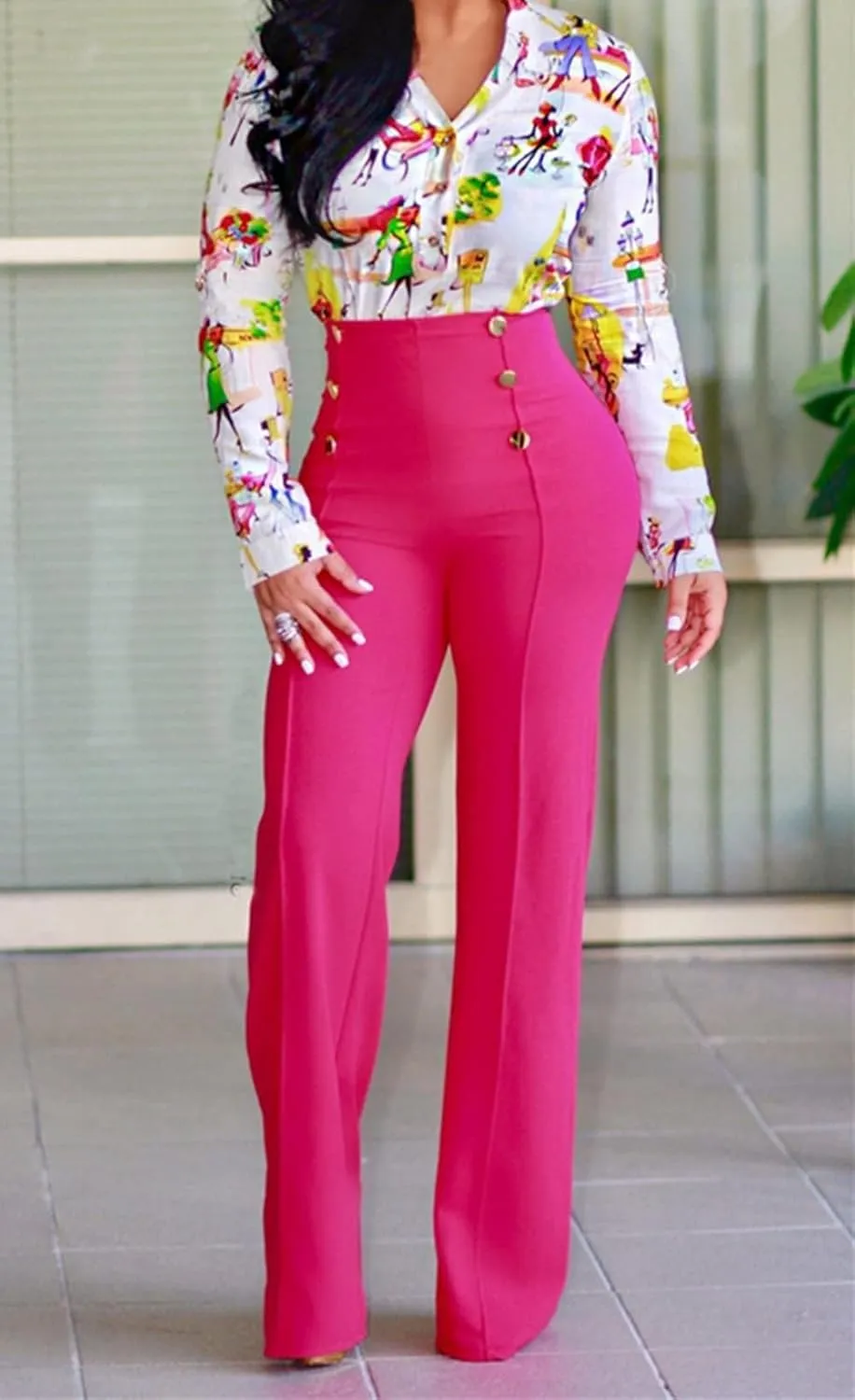 A ADILACA Women's 6-Button Trousers, Casual Work Office Basic Flare Dress Pants, High Waist Straight-Leg Long Pants