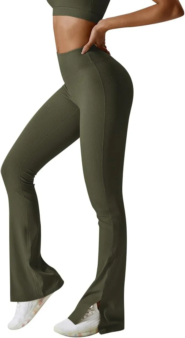 ABOCIW Women Ribbed Seamless Slit Hem Flared Leggings High Waist Bootcut Yoga Pants Tummy Control Workout Bootleg Pants