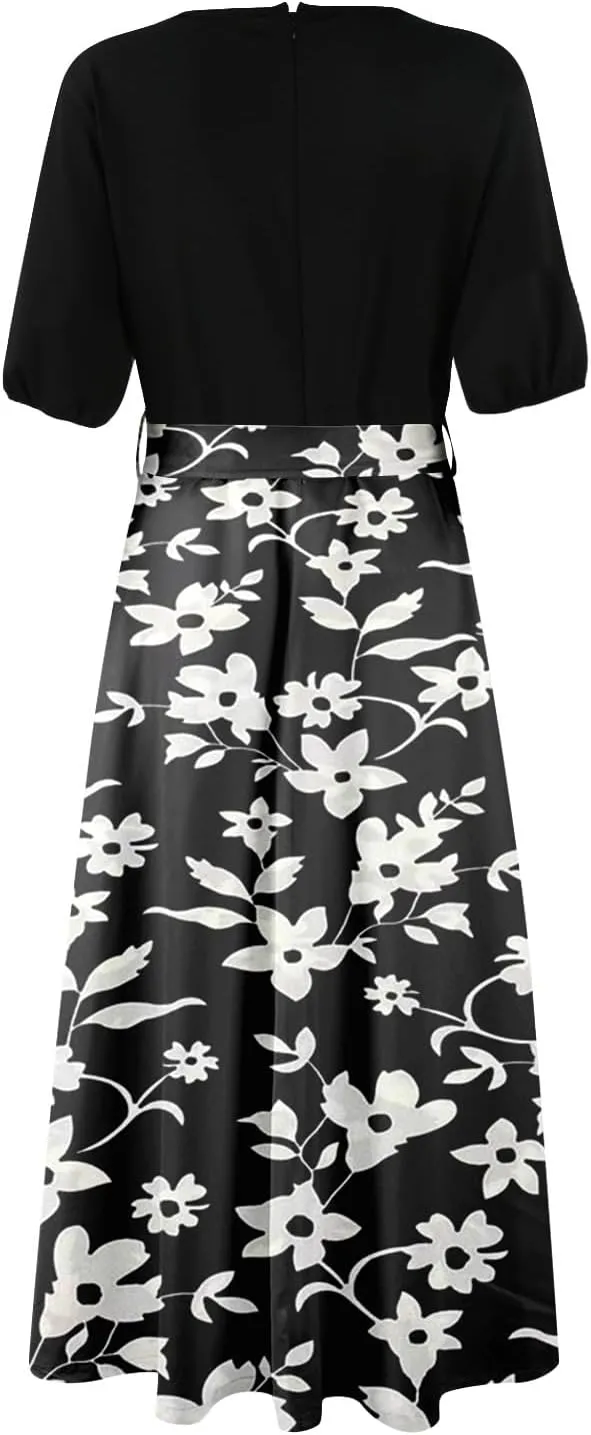 ADHOWBEW Women Dresses 2025 Vacation Boho Short Sleeve Split A Line Flowy Beach Sexy Plus Size V Neck Wrap Maxi Dress