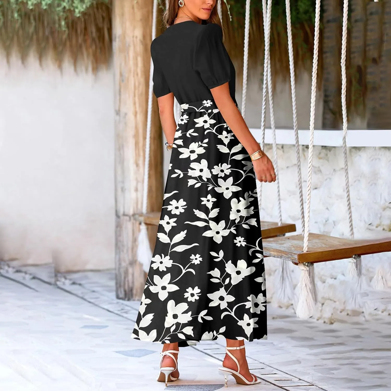 ADHOWBEW Women Dresses 2025 Vacation Boho Short Sleeve Split A Line Flowy Beach Sexy Plus Size V Neck Wrap Maxi Dress