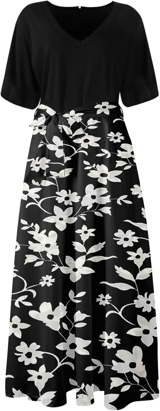 ADHOWBEW Women Dresses 2025 Vacation Boho Short Sleeve Split A Line Flowy Beach Sexy Plus Size V Neck Wrap Maxi Dress