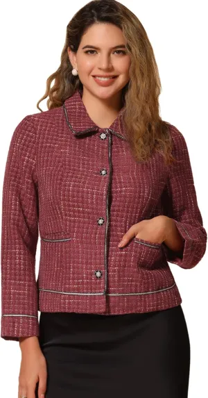 Allegra K Tweed Blazer for Women's Plaid Long Sleeve Vintage Outwear Work Office Short Jacket Coat