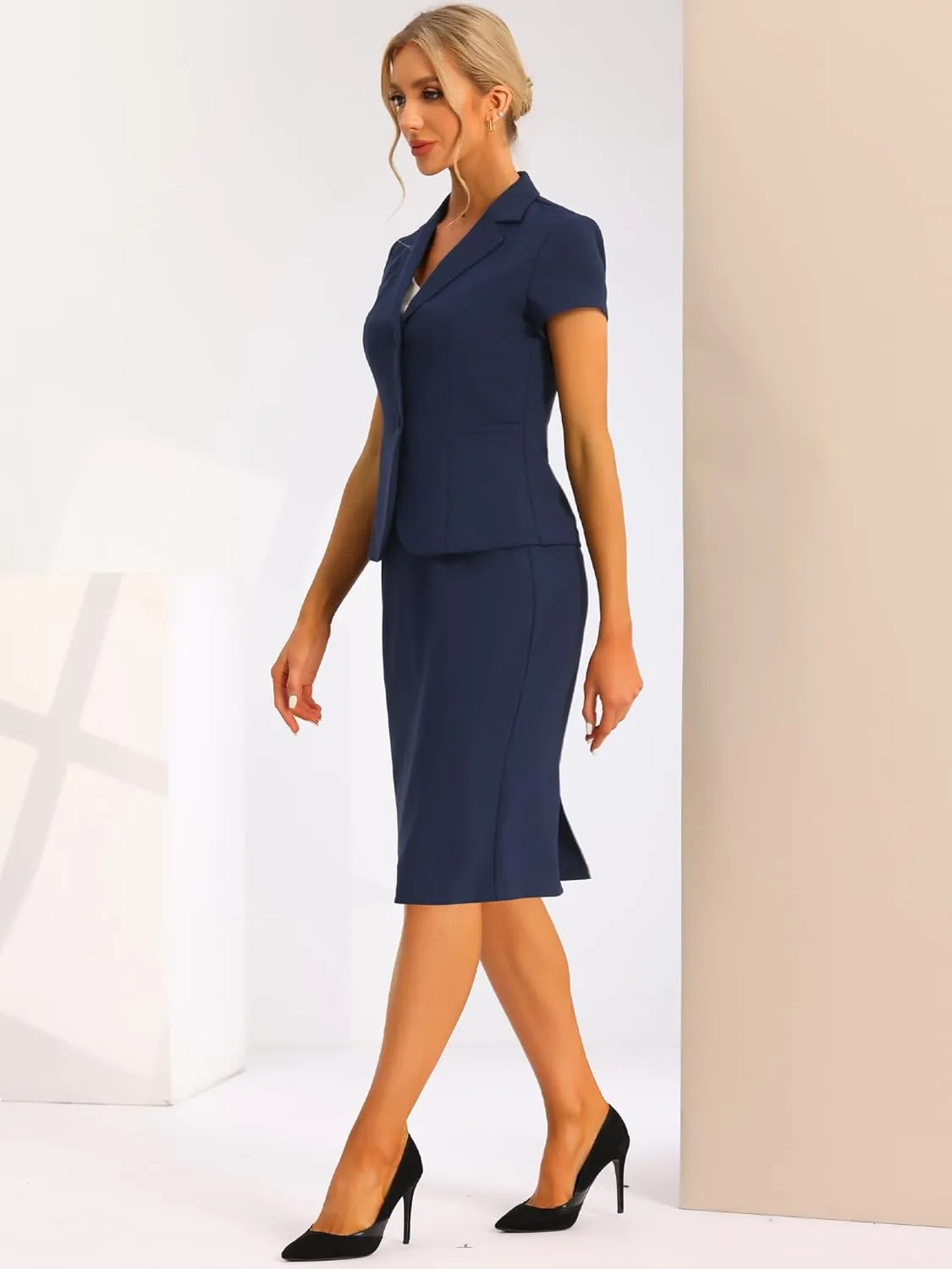 Allegra K Women's Business Skirt Suit Set Work Office Short Sleeve Blazer Jacket Pencil Skirt