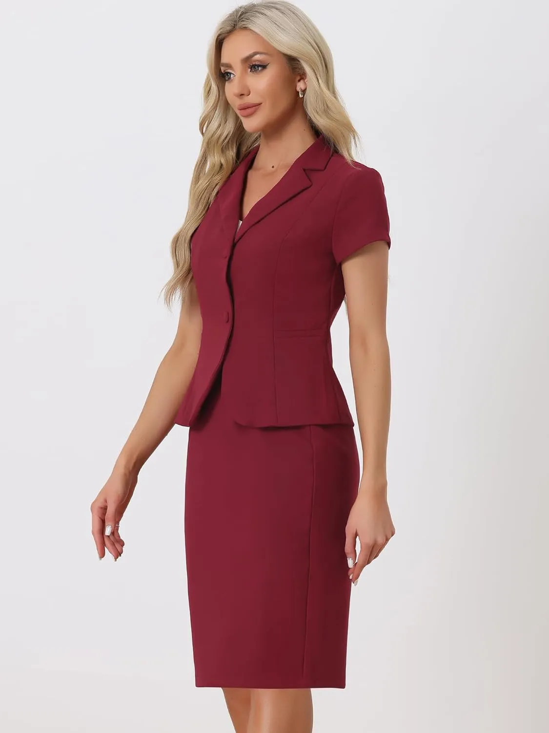 Allegra K Women's Business Skirt Suit Set Work Office Short Sleeve Blazer Jacket Pencil Skirt