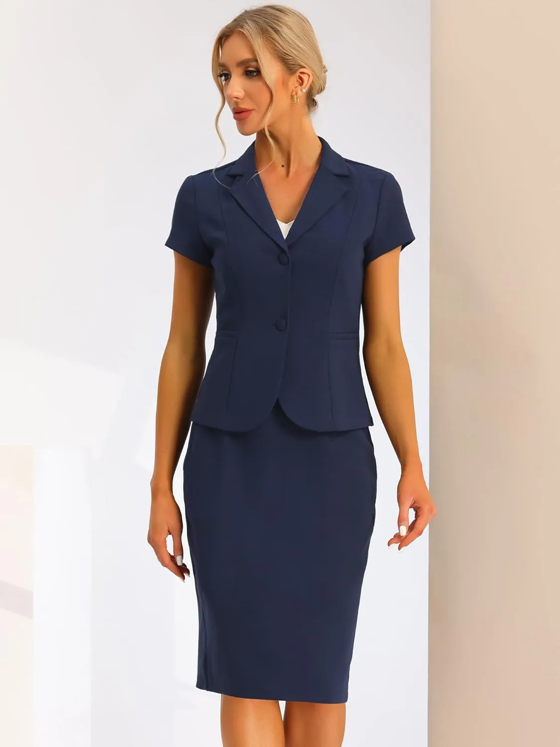 Allegra K Women's Business Skirt Suit Set Work Office Short Sleeve Blazer Jacket Pencil Skirt