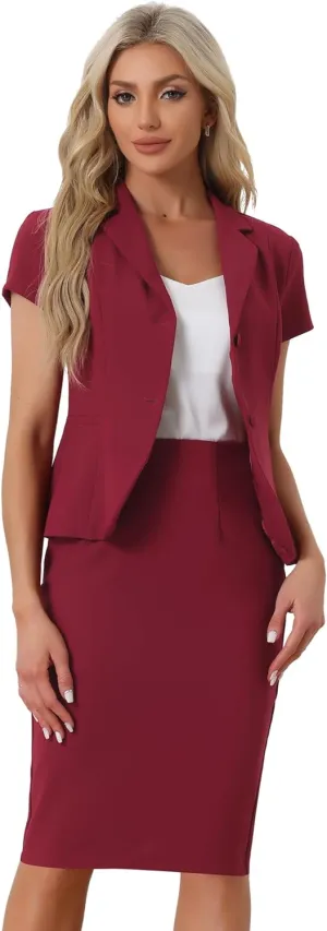 Allegra K Women's Business Skirt Suit Set Work Office Short Sleeve Blazer Jacket Pencil Skirt