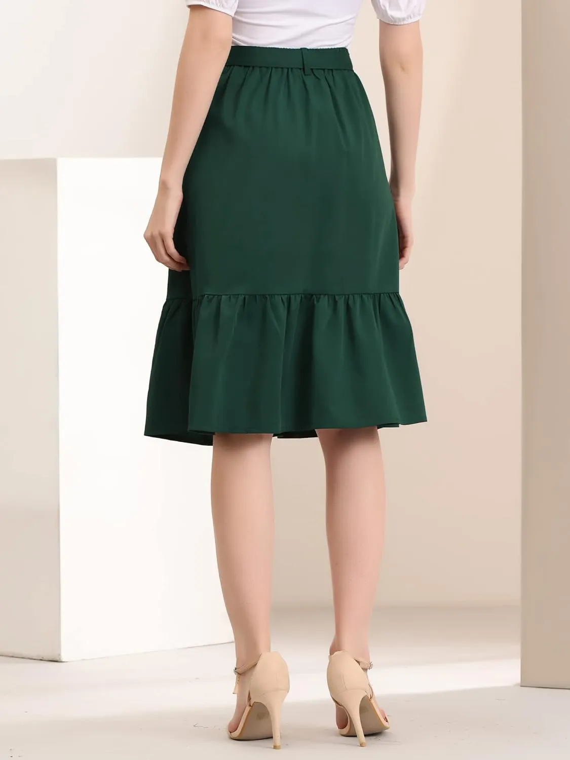 Allegra K Women's Button Front Ruffle Hem Belt High Waist A-Line Flowy Chiffon Pleated Midi Skirt