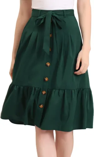 Allegra K Women's Button Front Ruffle Hem Belt High Waist A-Line Flowy Chiffon Pleated Midi Skirt