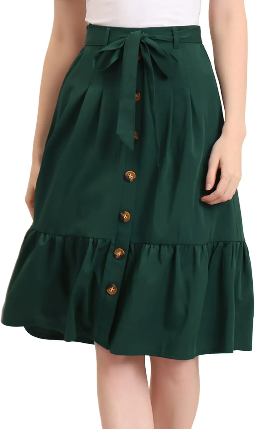 Allegra K Women's Button Front Ruffle Hem Belt High Waist A-Line Flowy Chiffon Pleated Midi Skirt