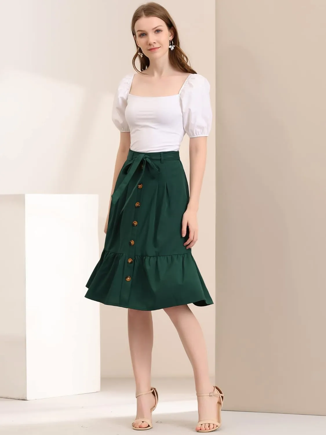 Allegra K Women's Button Front Ruffle Hem Belt High Waist A-Line Flowy Chiffon Pleated Midi Skirt