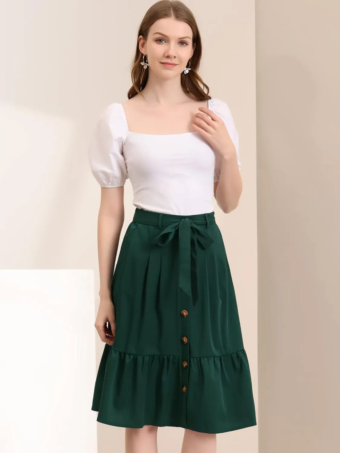 Allegra K Women's Button Front Ruffle Hem Belt High Waist A-Line Flowy Chiffon Pleated Midi Skirt