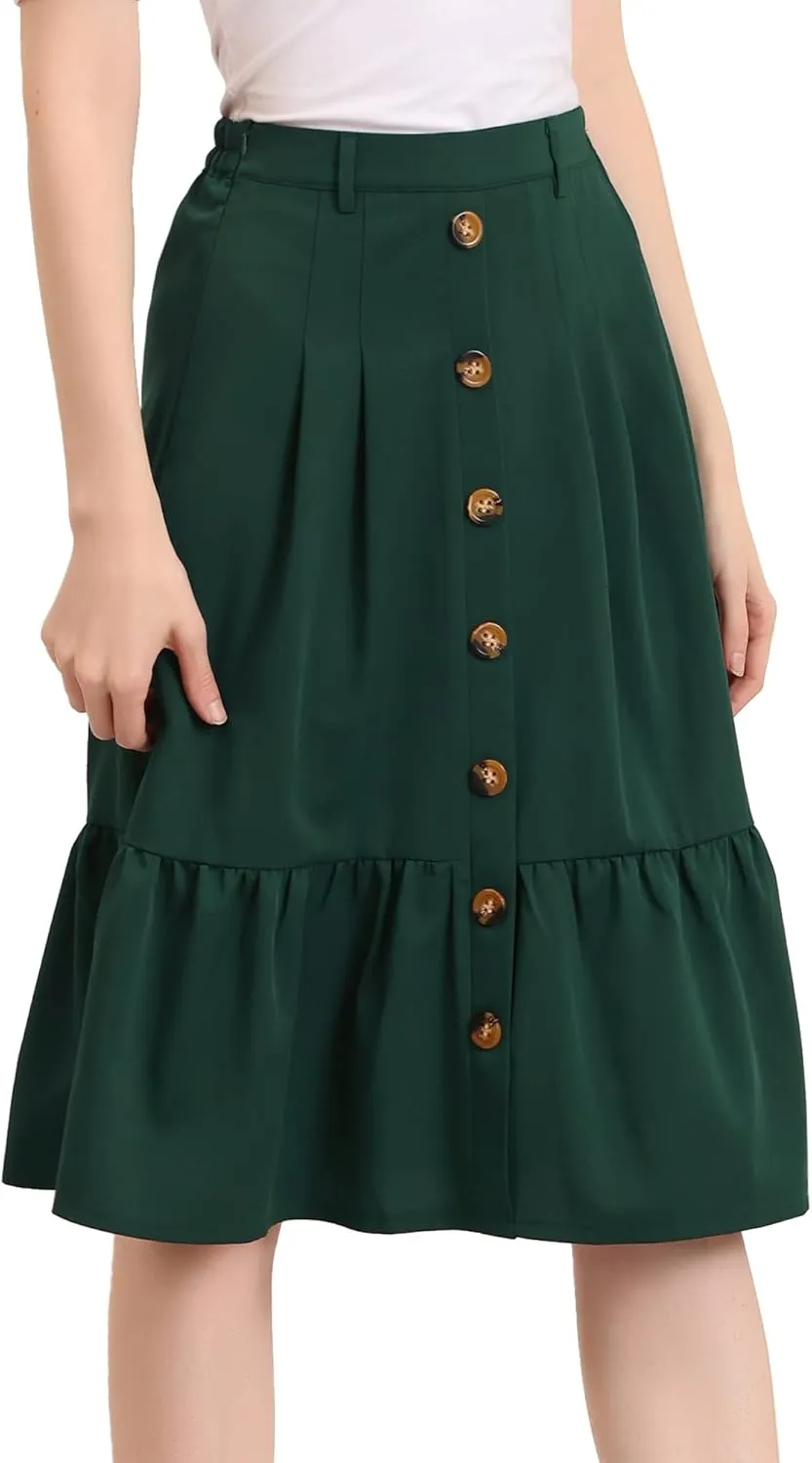 Allegra K Women's Button Front Ruffle Hem Belt High Waist A-Line Flowy Chiffon Pleated Midi Skirt