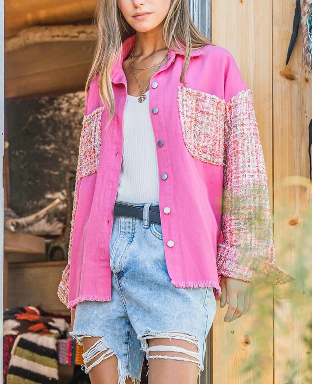ALSOGO Women Oversize Denim Jacket Casual Long Sleeve Jean Jacket Cute Fringe Jacket With Pockets