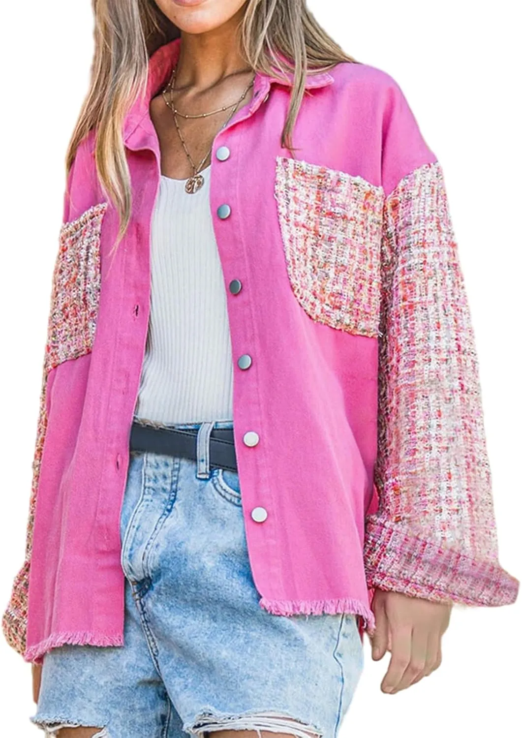 ALSOGO Women Oversize Denim Jacket Casual Long Sleeve Jean Jacket Cute Fringe Jacket With Pockets