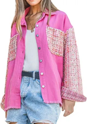 ALSOGO Women Oversize Denim Jacket Casual Long Sleeve Jean Jacket Cute Fringe Jacket With Pockets