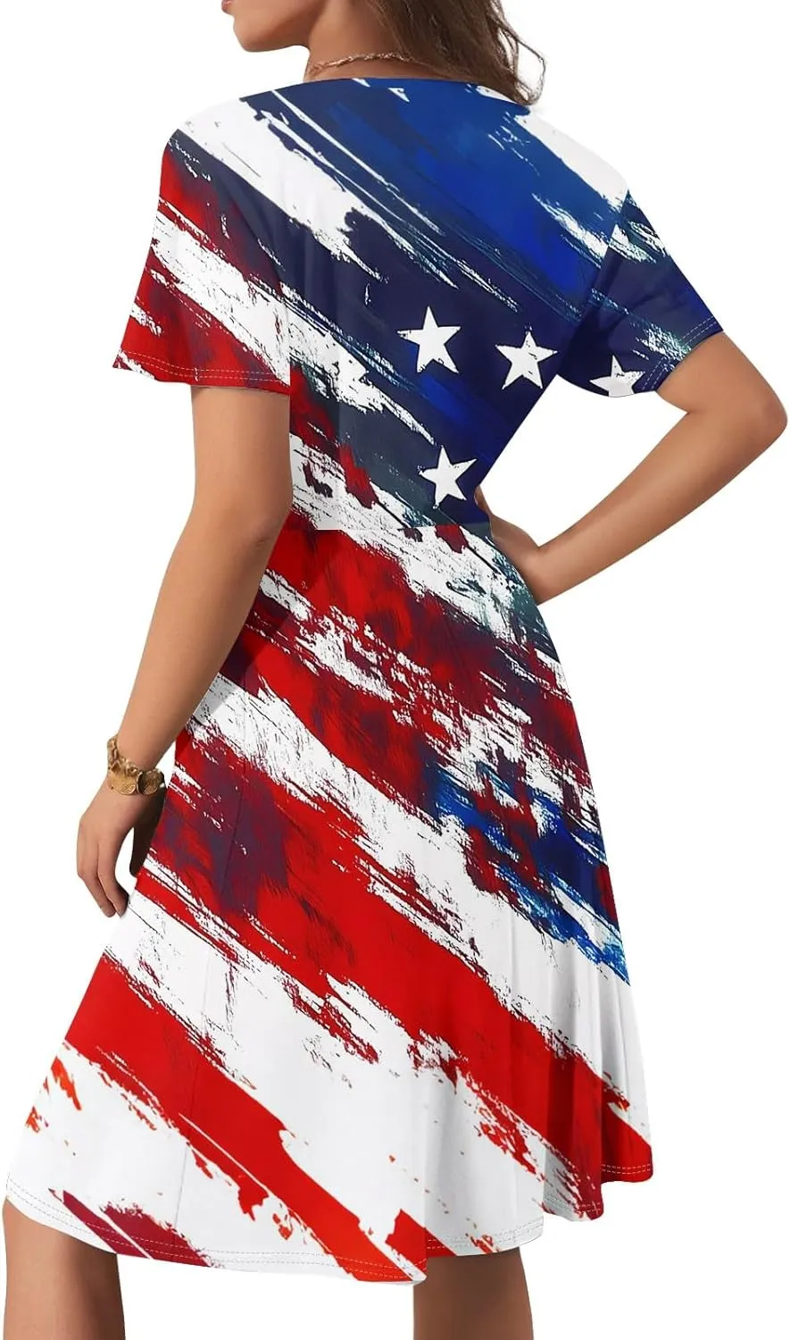 American Flag Dress Women 4th of July Patriotic USA Stars Stripes Midi Dresses Sexy Deep V- Neck Short Sleeve Summer Sundress