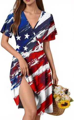American Flag Dress Women 4th of July Patriotic USA Stars Stripes Midi Dresses Sexy Deep V- Neck Short Sleeve Summer Sundress