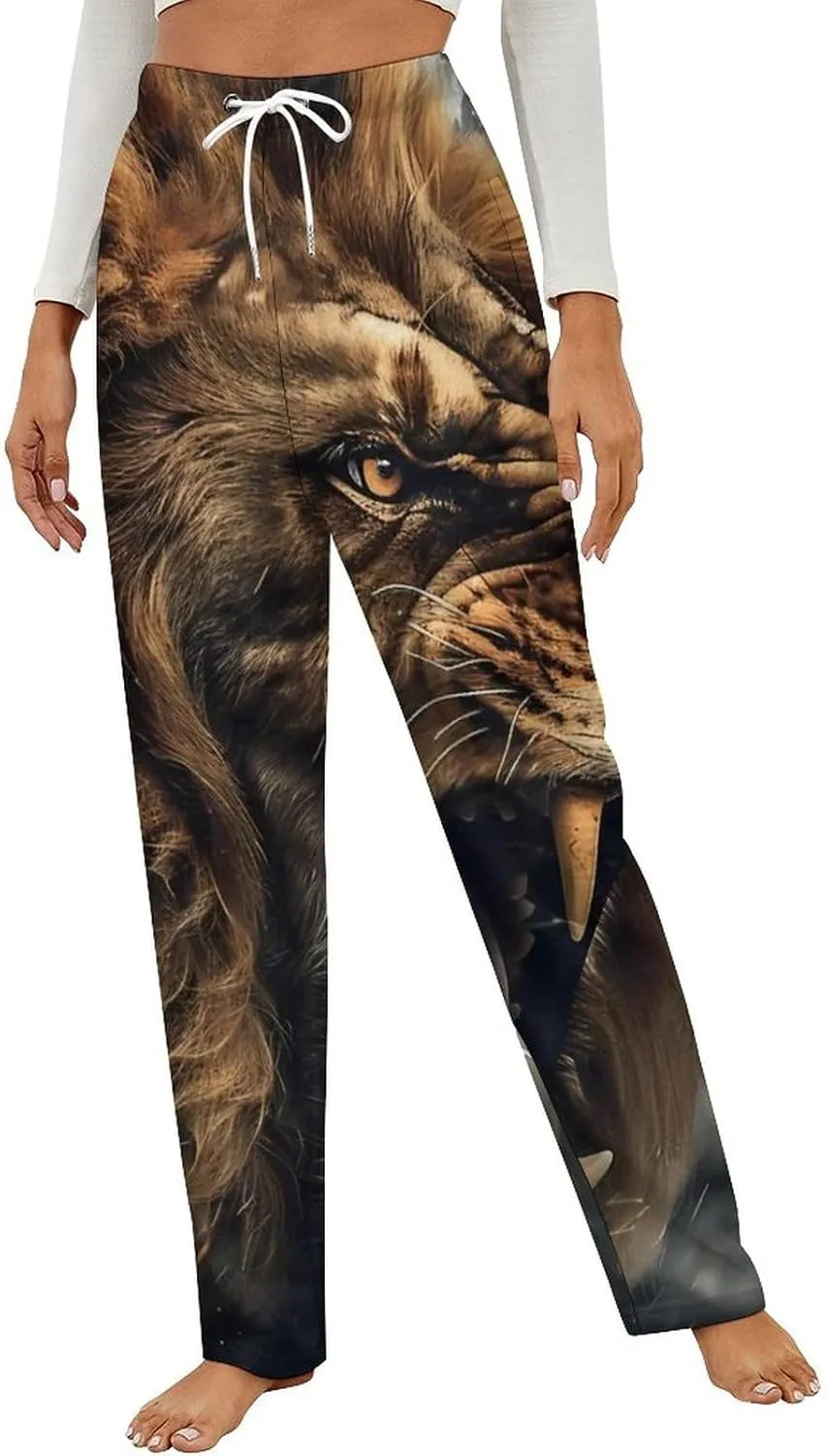 Animal Lion 3D Print Women's Pajama Pants Fleece Warm Pj Bottoms Sleepwear Lounge Pants Loungewear