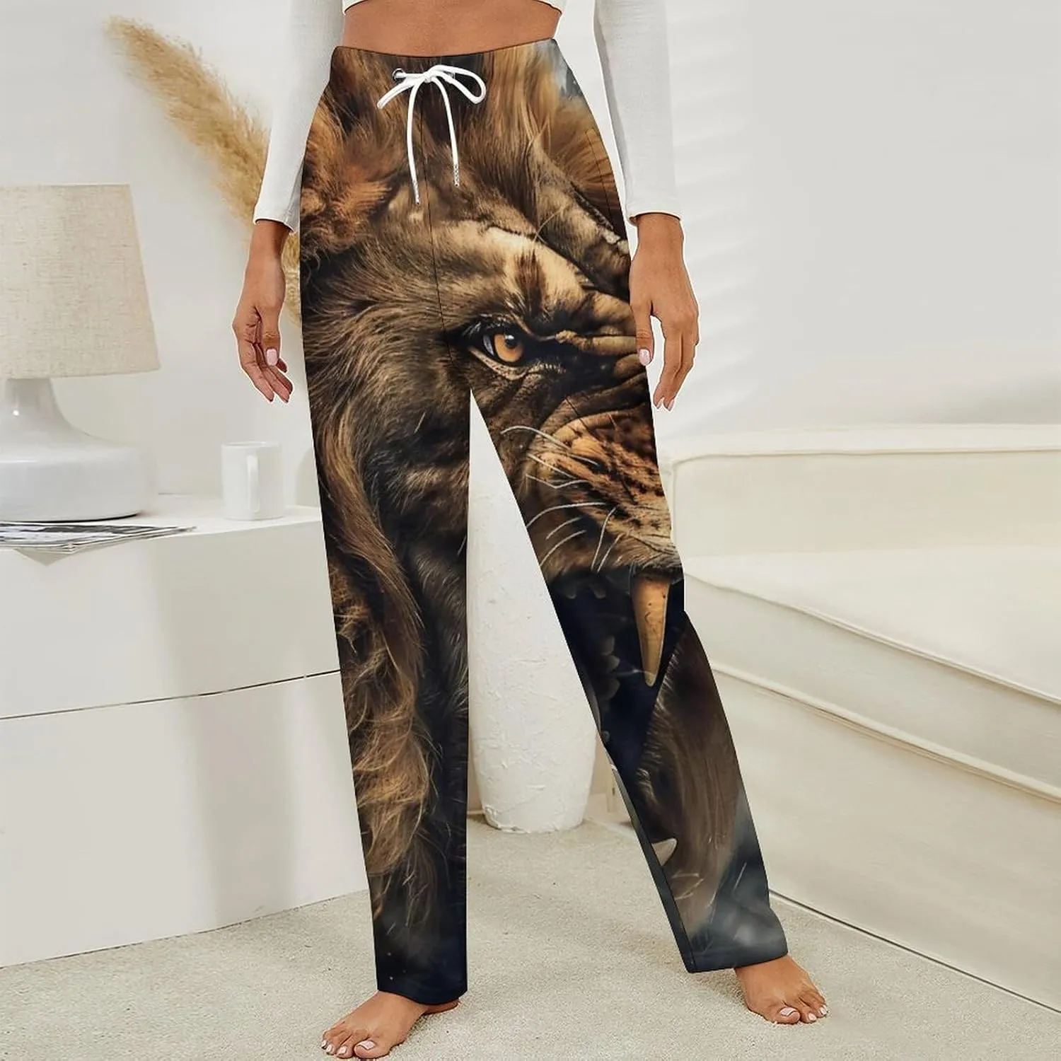 Animal Lion 3D Print Women's Pajama Pants Fleece Warm Pj Bottoms Sleepwear Lounge Pants Loungewear