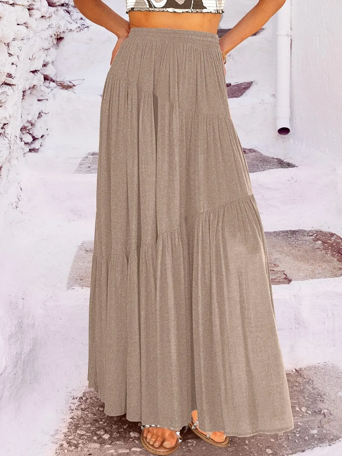 ANRABESS Womens Boho Elastic High Waist Pleated A-Line Flowy Swing Asymmetric Tiered Maxi Long Skirt Dress with Pockets