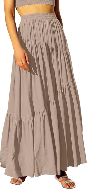 ANRABESS Womens Boho Elastic High Waist Pleated A-Line Flowy Swing Asymmetric Tiered Maxi Long Skirt Dress with Pockets