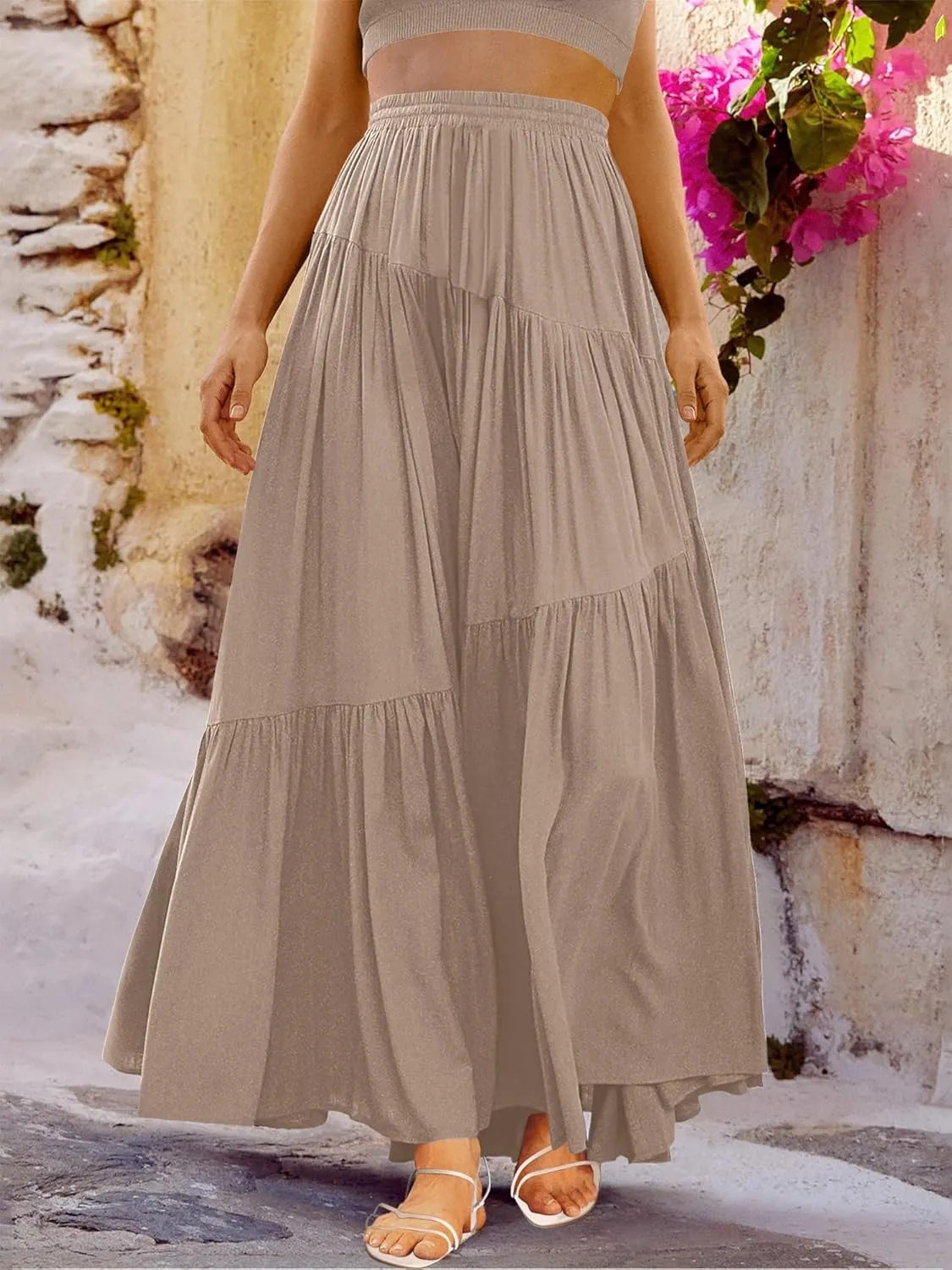 ANRABESS Womens Boho Elastic High Waist Pleated A-Line Flowy Swing Asymmetric Tiered Maxi Long Skirt Dress with Pockets