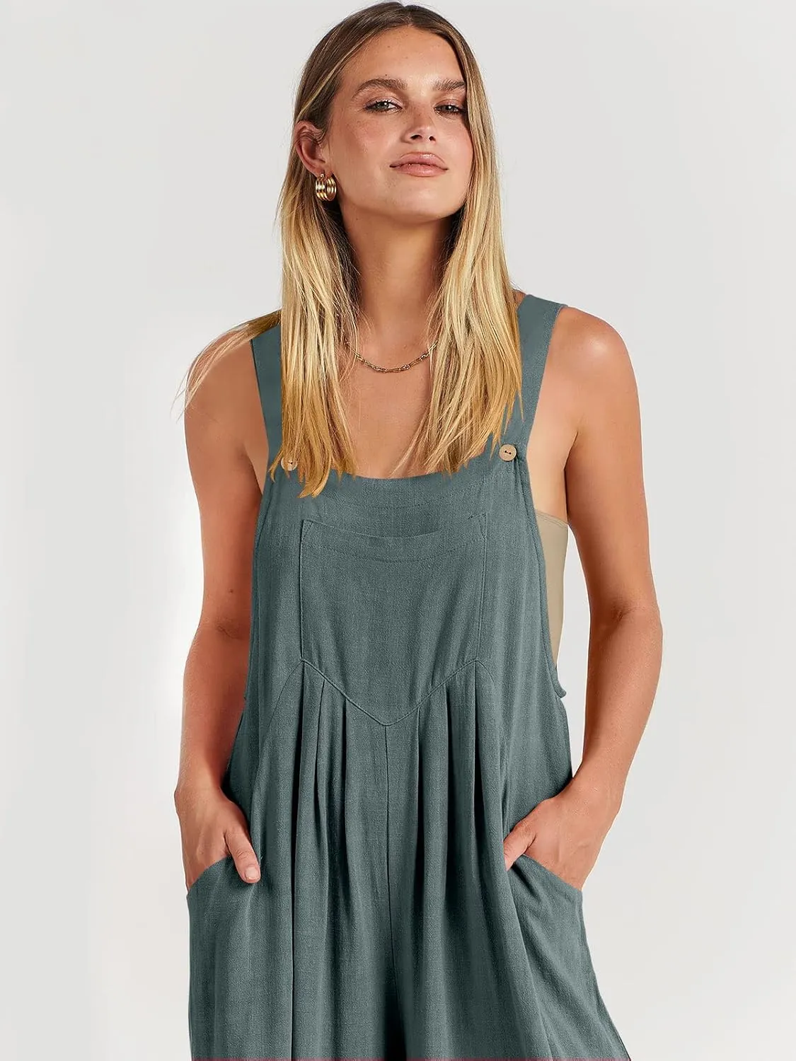 ANRABESS Womens Jumpsuits Overalls Wide Leg Casual Summer Outfits Linen Rompers Jumpers Sleeveless Straps 2025 Clothes