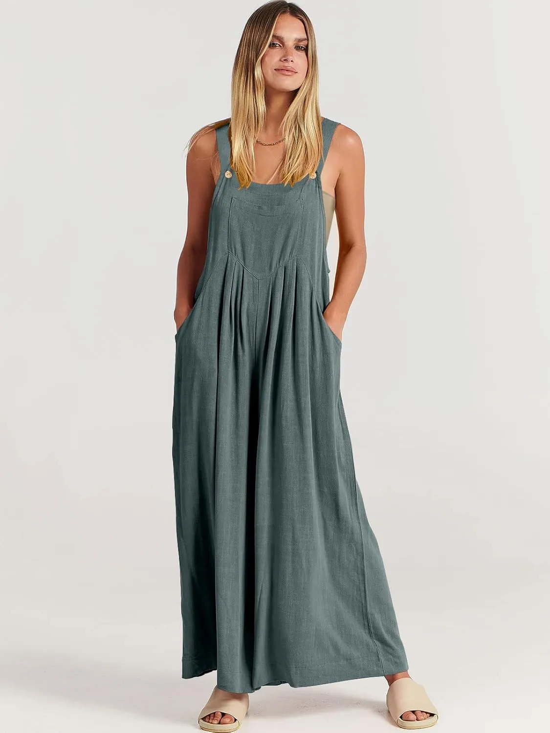 ANRABESS Womens Jumpsuits Overalls Wide Leg Casual Summer Outfits Linen Rompers Jumpers Sleeveless Straps 2025 Clothes