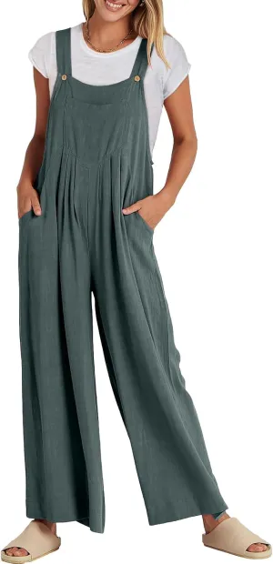 ANRABESS Womens Jumpsuits Overalls Wide Leg Casual Summer Outfits Linen Rompers Jumpers Sleeveless Straps 2025 Clothes
