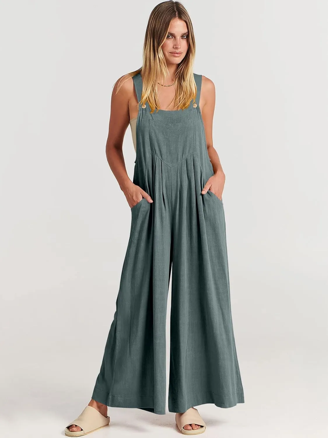 ANRABESS Womens Jumpsuits Overalls Wide Leg Casual Summer Outfits Linen Rompers Jumpers Sleeveless Straps 2025 Clothes
