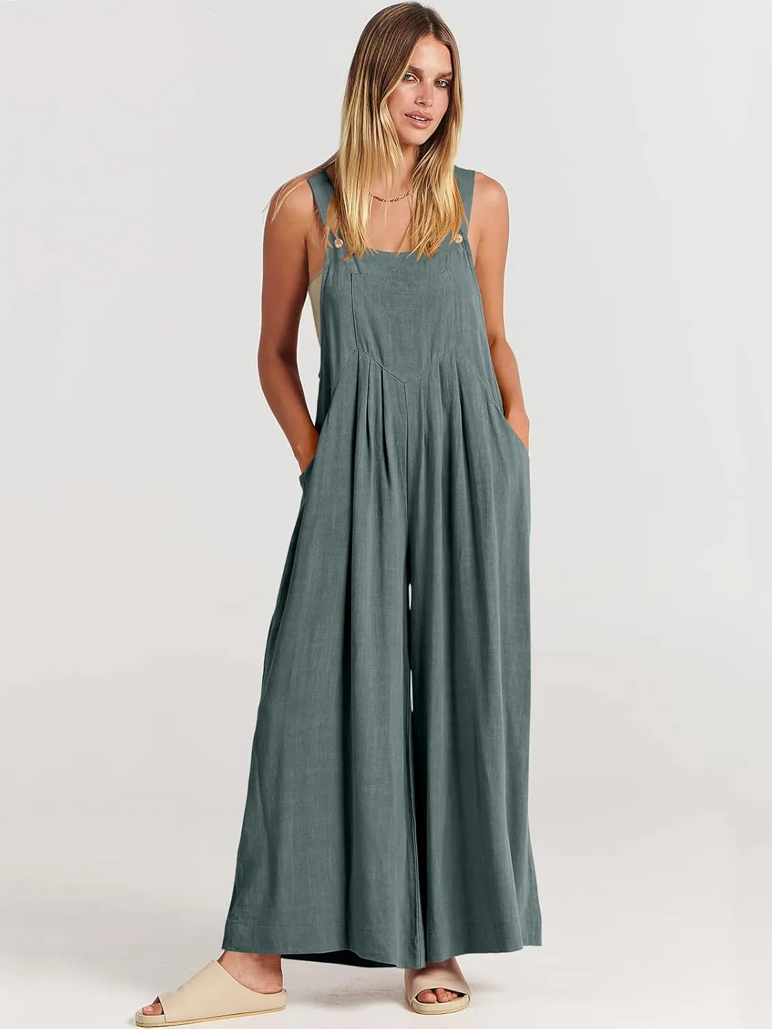 ANRABESS Womens Jumpsuits Overalls Wide Leg Casual Summer Outfits Linen Rompers Jumpers Sleeveless Straps 2025 Clothes