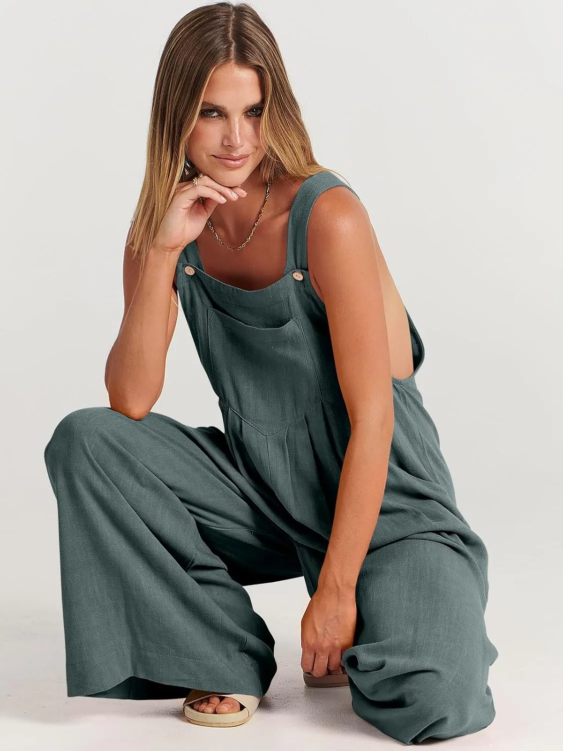 ANRABESS Womens Jumpsuits Overalls Wide Leg Casual Summer Outfits Linen Rompers Jumpers Sleeveless Straps 2025 Clothes
