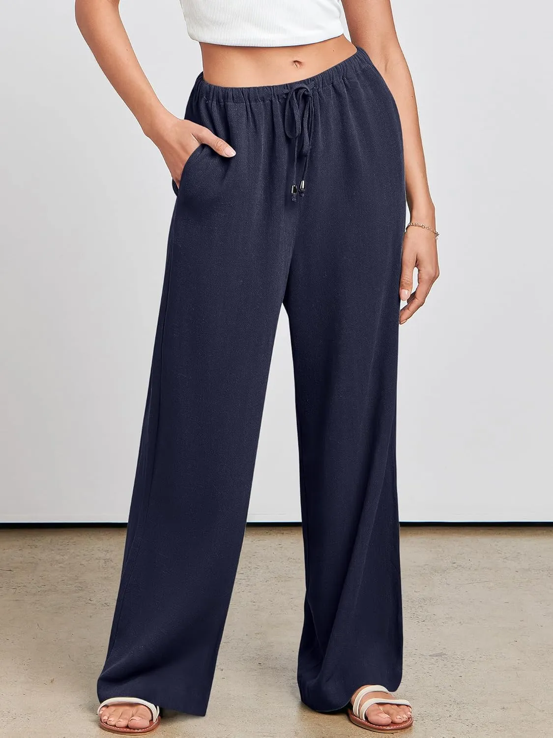 ANRABESS Womens Linen Palazzo Pants Summer Flowy Wide Leg Drawstring Casual Trousers with Pockets Beach Vacation Outfits