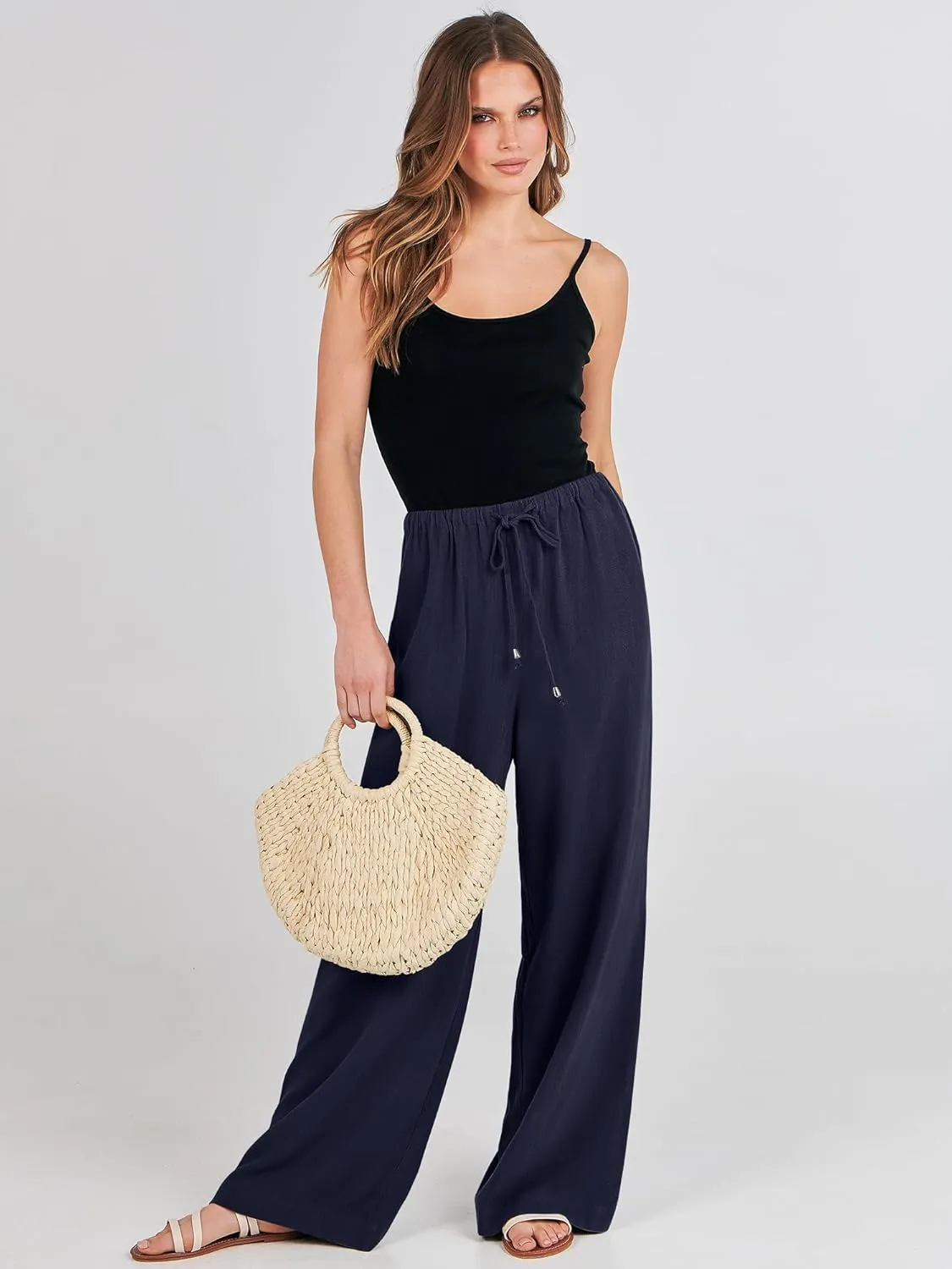 ANRABESS Womens Linen Palazzo Pants Summer Flowy Wide Leg Drawstring Casual Trousers with Pockets Beach Vacation Outfits