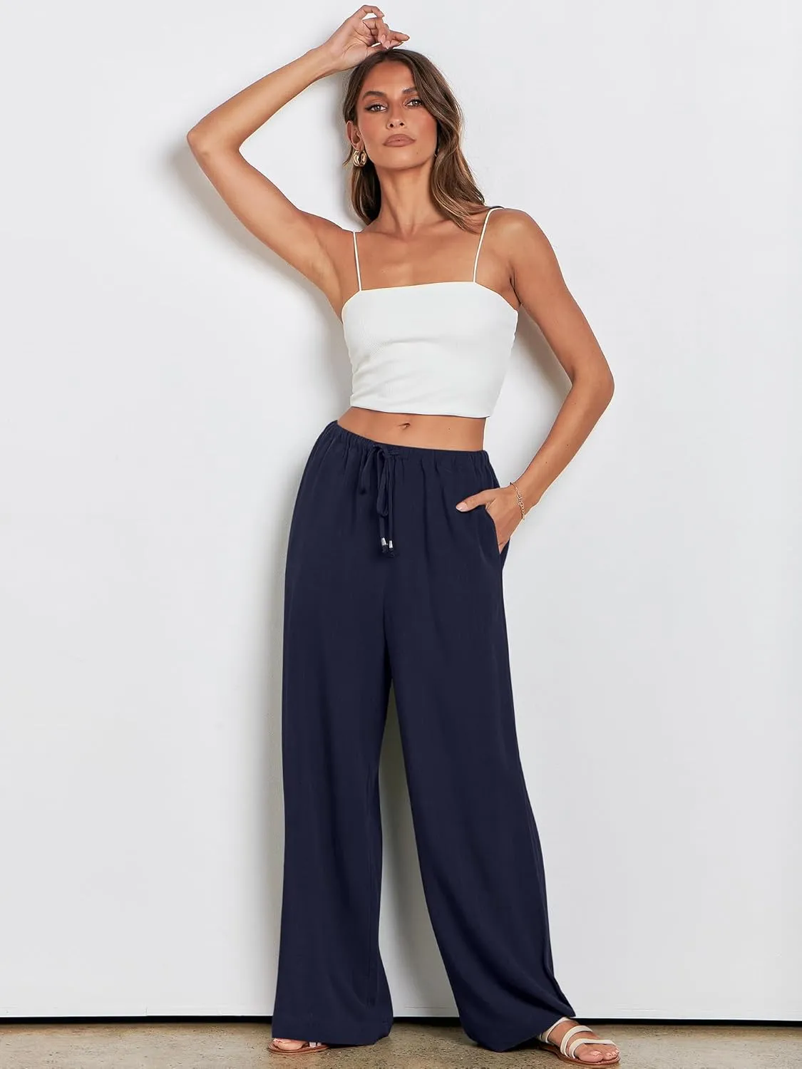 ANRABESS Womens Linen Palazzo Pants Summer Flowy Wide Leg Drawstring Casual Trousers with Pockets Beach Vacation Outfits