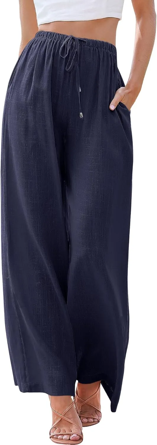 ANRABESS Womens Linen Palazzo Pants Summer Flowy Wide Leg Drawstring Casual Trousers with Pockets Beach Vacation Outfits