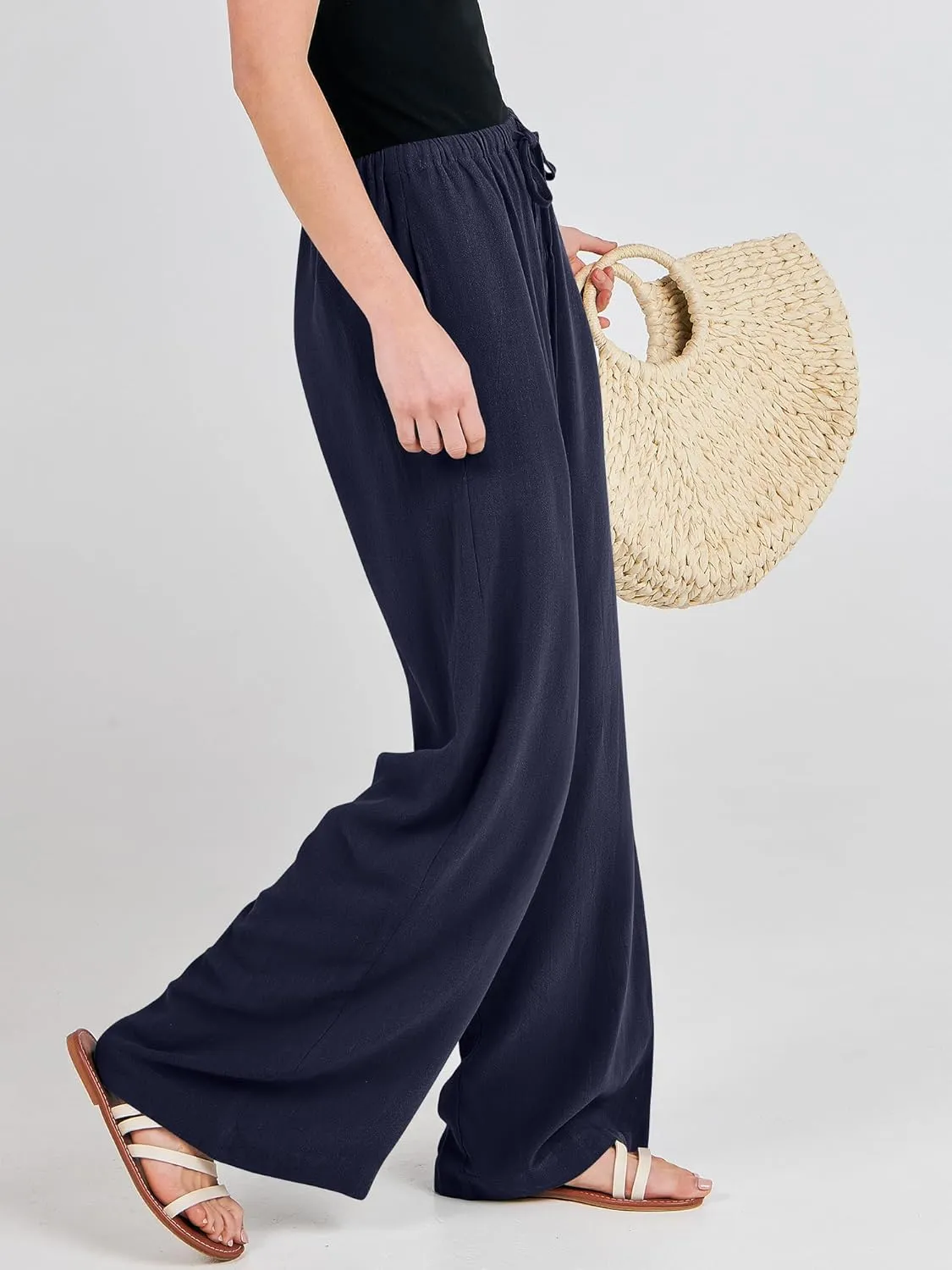 ANRABESS Womens Linen Palazzo Pants Summer Flowy Wide Leg Drawstring Casual Trousers with Pockets Beach Vacation Outfits