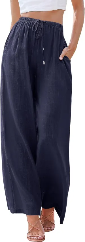 ANRABESS Womens Linen Palazzo Pants Summer Flowy Wide Leg Drawstring Casual Trousers with Pockets Beach Vacation Outfits
