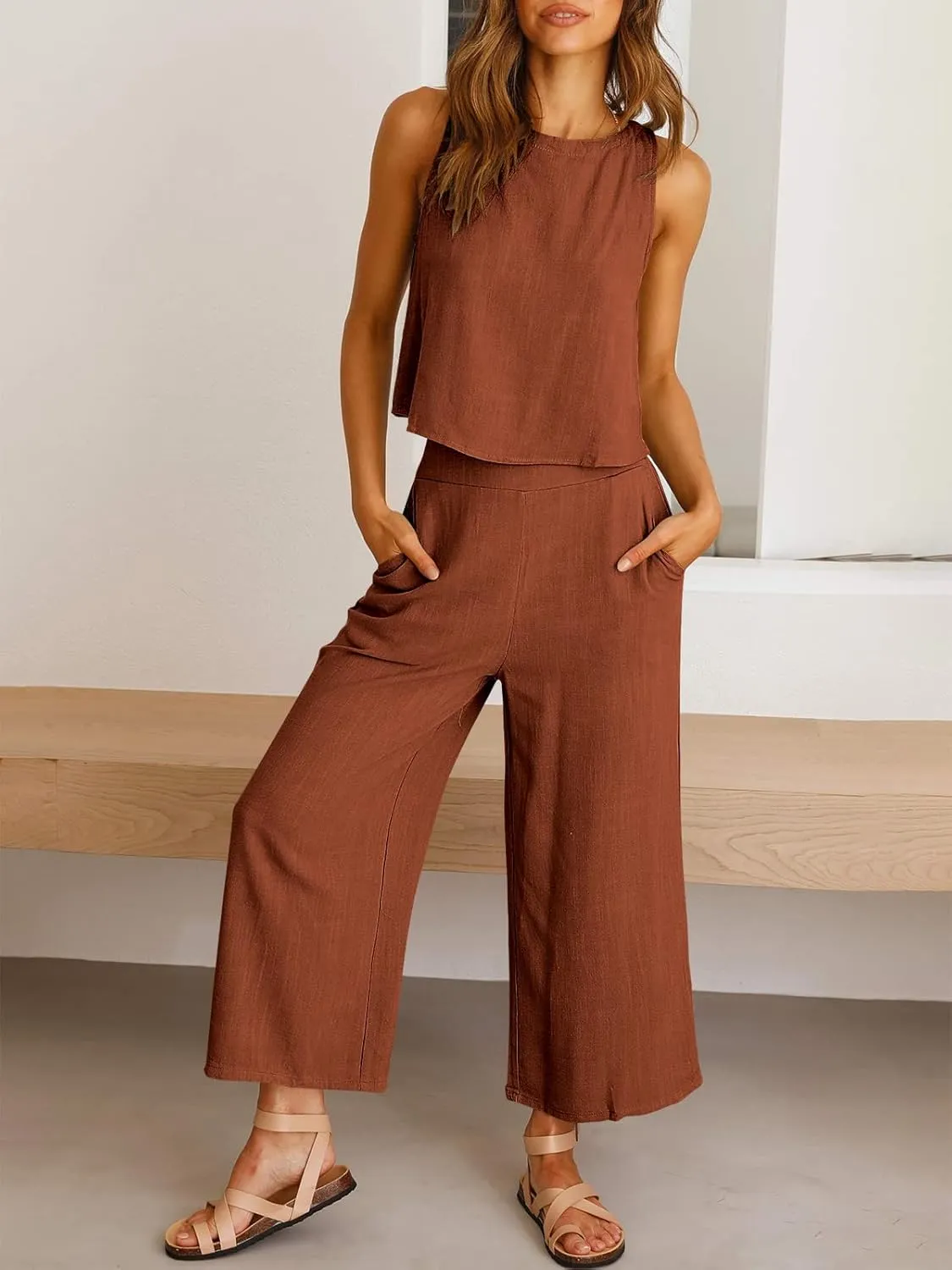 ANRABESS Women's Summer 2 Piece Outfits Sleeveless Crop Top Capri Wide Leg Pants Jumpsuit Linen Lounge Beach Travel Sets
