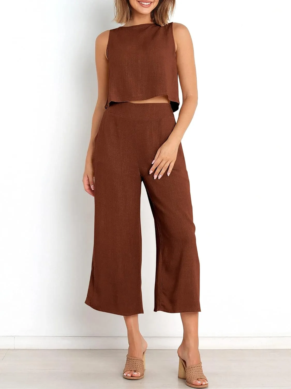 ANRABESS Women's Summer 2 Piece Outfits Sleeveless Crop Top Capri Wide Leg Pants Jumpsuit Linen Lounge Beach Travel Sets