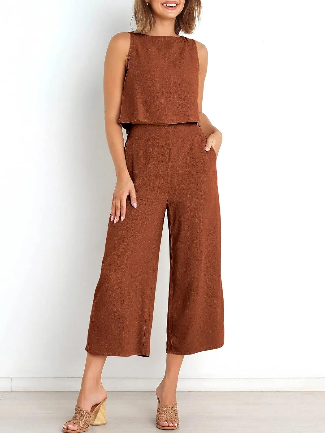 ANRABESS Women's Summer 2 Piece Outfits Sleeveless Crop Top Capri Wide Leg Pants Jumpsuit Linen Lounge Beach Travel Sets