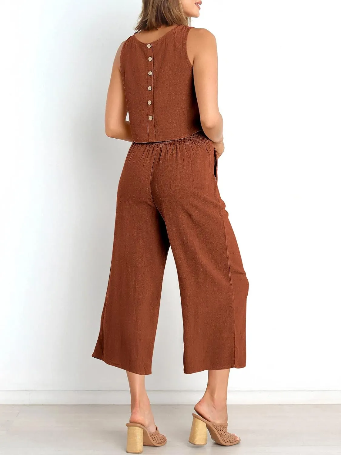 ANRABESS Women's Summer 2 Piece Outfits Sleeveless Crop Top Capri Wide Leg Pants Jumpsuit Linen Lounge Beach Travel Sets