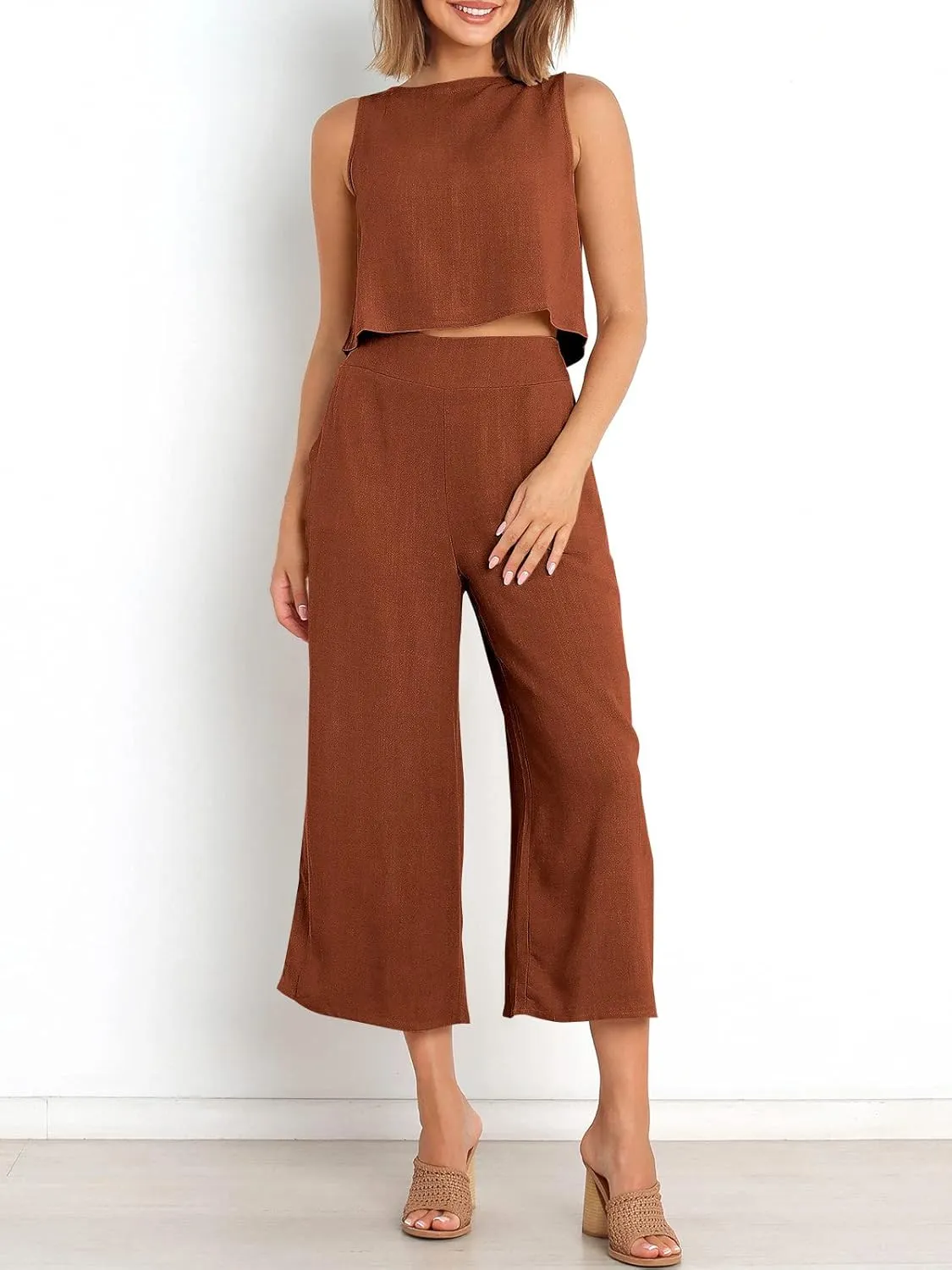 ANRABESS Women's Summer 2 Piece Outfits Sleeveless Crop Top Capri Wide Leg Pants Jumpsuit Linen Lounge Beach Travel Sets