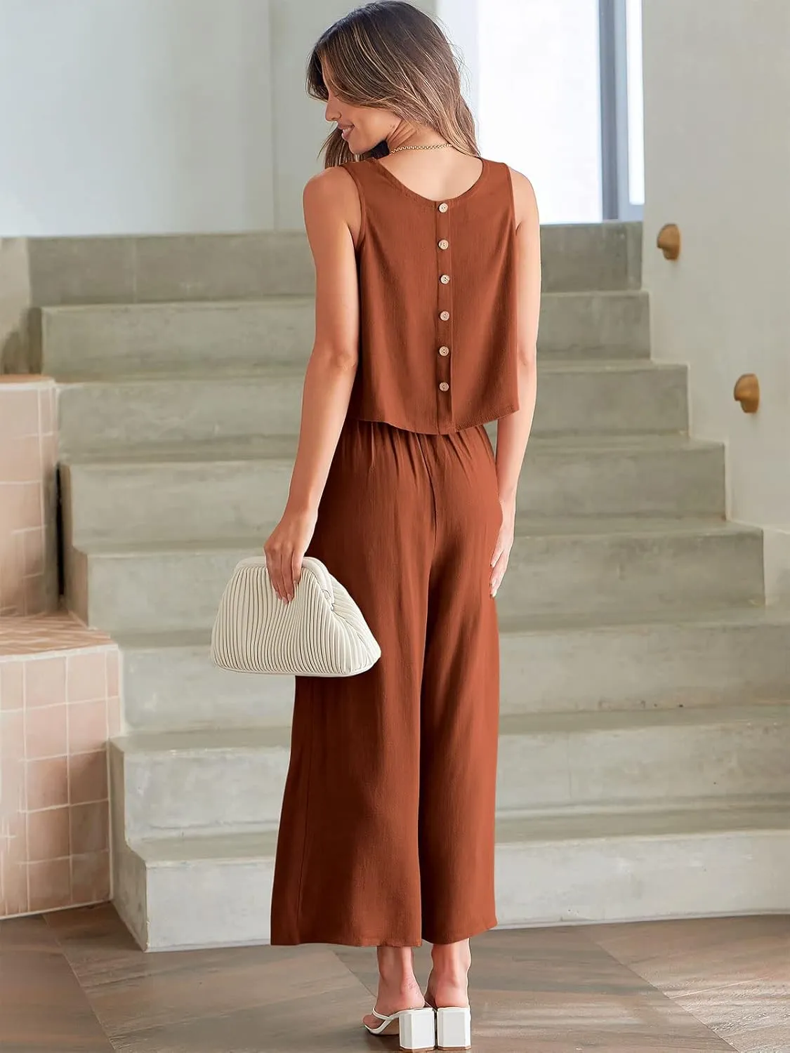 ANRABESS Women's Summer 2 Piece Outfits Sleeveless Crop Top Capri Wide Leg Pants Jumpsuit Linen Lounge Beach Travel Sets